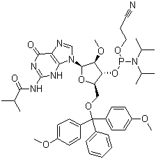 5-O-(4,4-二甲氧基三苯甲基)-2-O-甲基-N-異丁?；B苷-3-(2-氰基乙基-N,N-二異丙基)亞磷酰胺結(jié)構(gòu)式_150780-67-9結(jié)構(gòu)式