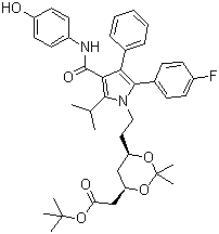 2-((4r,6r)-6-(2-(2-(4- 氟苯基)-4-(4- 羥基苯基氨基甲酰)-5-異丙基-3- 苯基-1H-吡咯-1-基)乙基)-2,2- 二甲基-1,3-二噁-4-基)乙酸叔丁酯結(jié)構(gòu)式_265989-36-4結(jié)構(gòu)式