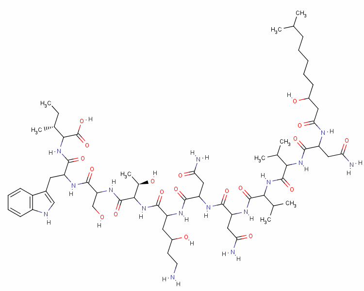 N2-(3-羥基-10-甲基癸?；?-D-天冬氨酰胺酰-D-纈氨酰-D-纈氨酰-L-天冬氨酰胺酰-D-天冬氨酰胺酰-[(4R)-4-羥基-L-賴(lài)氨酰-]-D-別蘇氨酰-L-絲氨酰-D-色氨酰-D-別異亮氨酸結(jié)構(gòu)式_55467-31-7結(jié)構(gòu)式