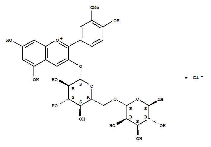 (2R,3R,4R,5R,6S)-2-[[(2R,3S,4S,5R,6S)-6-[5,7-二羥基-2-(4-羥基-3-甲氧基-苯基)苯并吡喃基鎓-3-基]氧基-3,4,5-三羥基-四氫吡喃-2-基]甲氧基]-6-甲基-四氫吡喃-3,4,5-三醇氯化物結(jié)構(gòu)式_27539-32-8結(jié)構(gòu)式