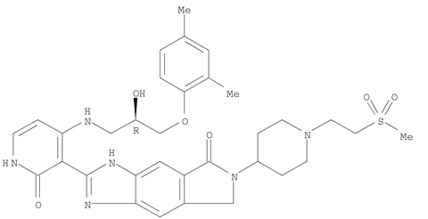 2-(4-((3-(2,4-二甲基苯氧基)-2-羥基丙基)氨基)-2-氧代-1,2-二氫吡啶-3-基)-6-(1-(2-(甲基磺?；?乙基)哌啶-4-基)-6,7-二氫咪唑并[4,5-f]異吲哚-5(3H)-酮結(jié)構(gòu)式_1008448-19-8結(jié)構(gòu)式