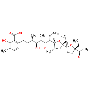 6-[(3R,4s,5s,7r)-7-[(2s,2r,4s,5s,5s)-2,5-二乙基八氫-5-[(r)-1-羥基乙基]-4-甲基 [2,2-bi呋喃]-5-基]-4-羥基-3,5-二甲基-6-氧代壬基]-2-羥基-3-甲基苯甲酸結(jié)構(gòu)式_54156-67-1結(jié)構(gòu)式